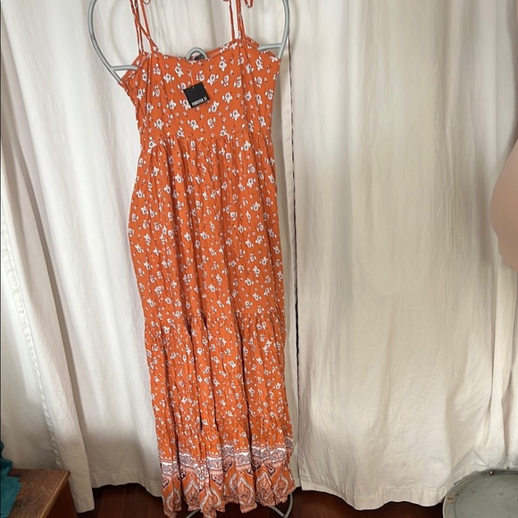 Forever 21 Orange Tiered spaghetti strap Maxi summer floral paisley Dress NWT S - Picture 3 of 7